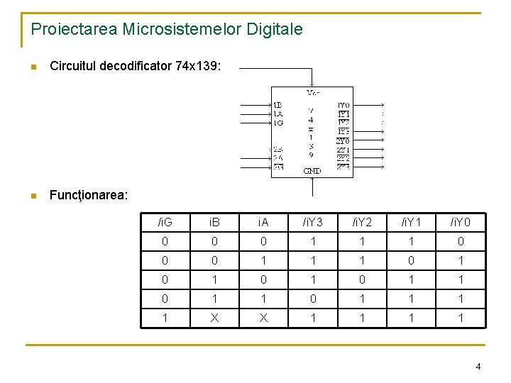 Proiectarea Microsistemelor Digitale n Circuitul decodificator 74 x 139: n Funcţionarea: /i. G i.