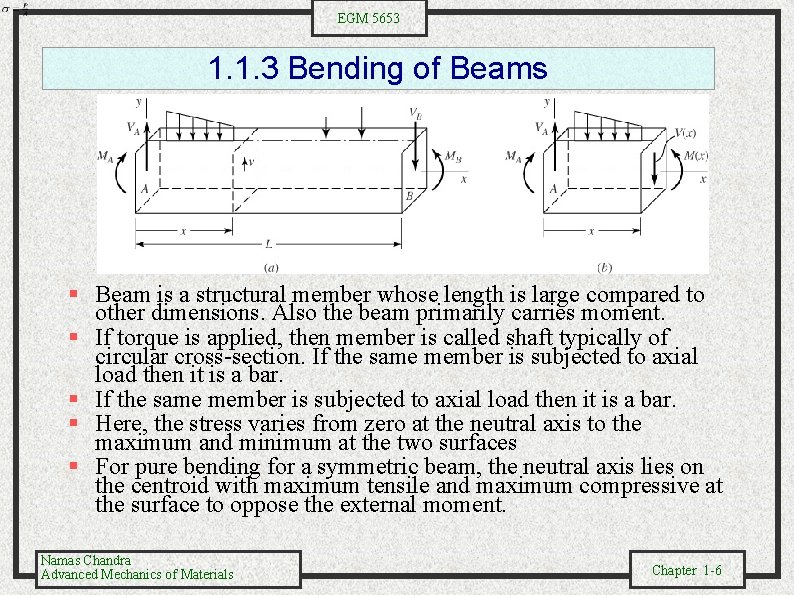 EGM 5653 1. 1. 3 Bending of Beams Beam is a structural member whose