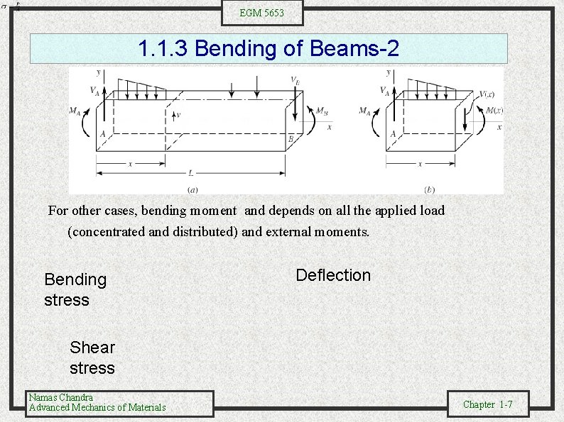 EGM 5653 1. 1. 3 Bending of Beams-2 For other cases, bending moment and