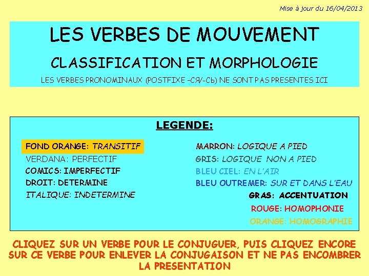 Mise à jour du 16/04/2013 LES VERBES DE MOUVEMENT CLASSIFICATION ET MORPHOLOGIE LES VERBES