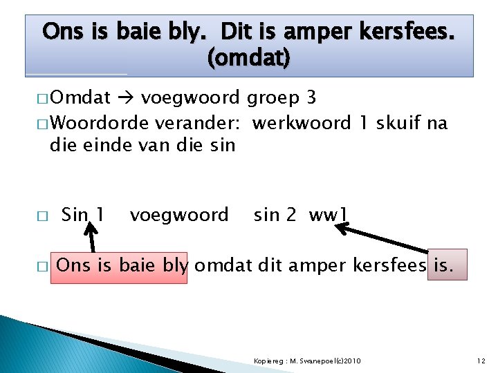 Ons is baie bly. Dit is amper kersfees. (omdat) � Omdat voegwoord groep 3