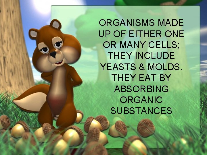 ORGANISMS MADE UP OF EITHER ONE OR MANY CELLS; THEY INCLUDE YEASTS & MOLDS.