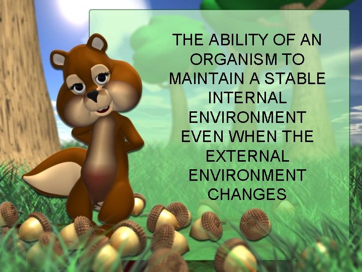 THE ABILITY OF AN ORGANISM TO MAINTAIN A STABLE INTERNAL ENVIRONMENT EVEN WHEN THE