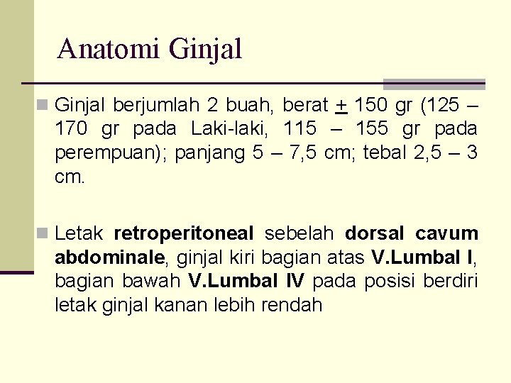 Anatomi Ginjal n Ginjal berjumlah 2 buah, berat + 150 gr (125 – 170