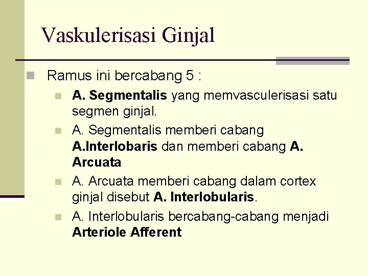 Vaskulerisasi Ginjal n Ramus ini bercabang 5 : n A. Segmentalis yang memvasculerisasi satu