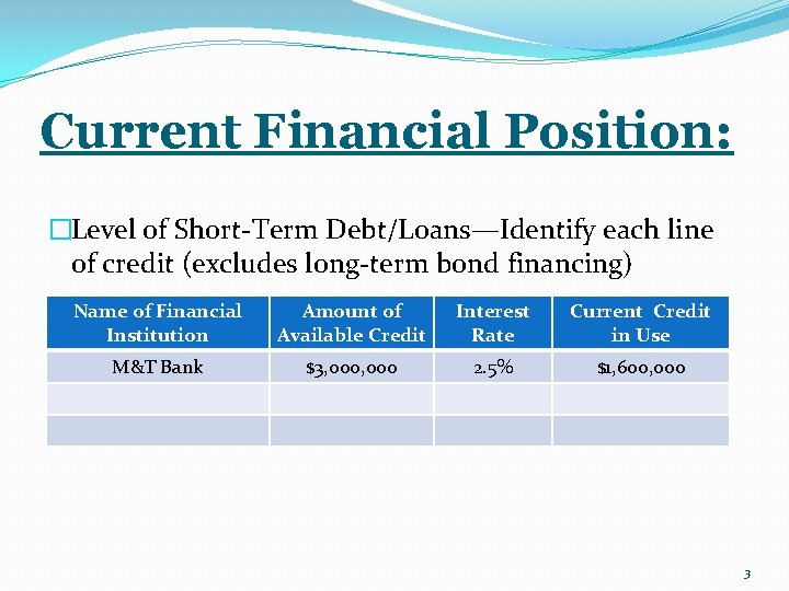 Current Financial Position: �Level of Short-Term Debt/Loans—Identify each line of credit (excludes long-term bond