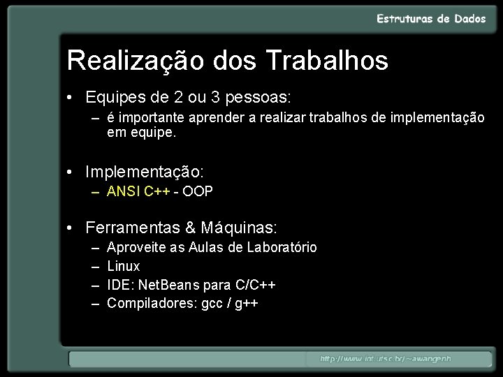 Realização dos Trabalhos • Equipes de 2 ou 3 pessoas: – é importante aprender