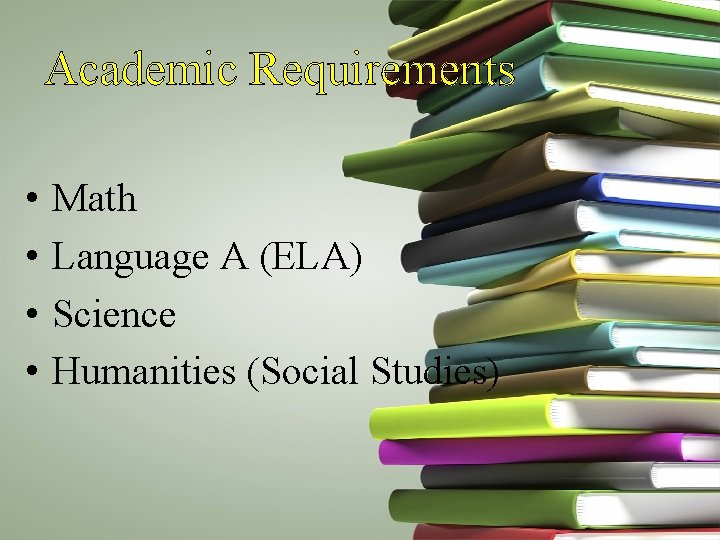 Academic Requirements • • Math Language A (ELA) Science Humanities (Social Studies) 