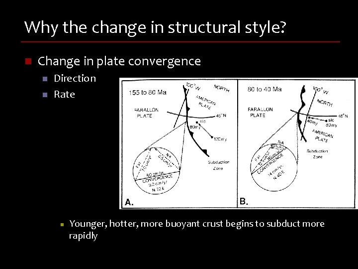 Why the change in structural style? n Change in plate convergence n n Direction
