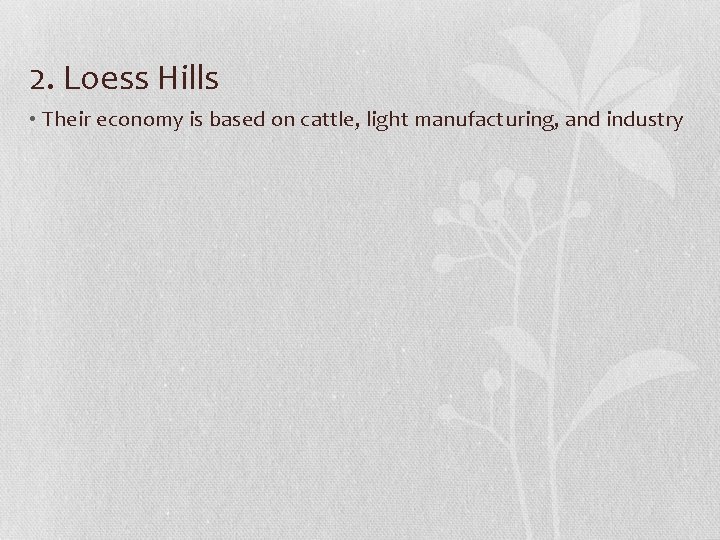 2. Loess Hills • Their economy is based on cattle, light manufacturing, and industry