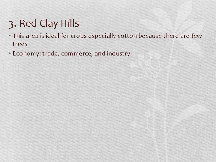 3. Red Clay Hills • This area is ideal for crops especially cotton because