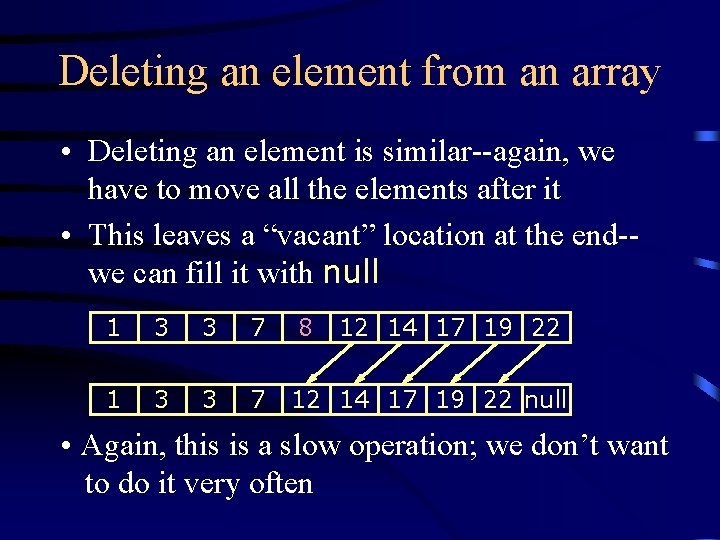 Deleting an element from an array • Deleting an element is similar--again, we have