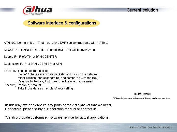 Current solution Software interface & configurations ATM NO: Normally, it’s 4, That means one