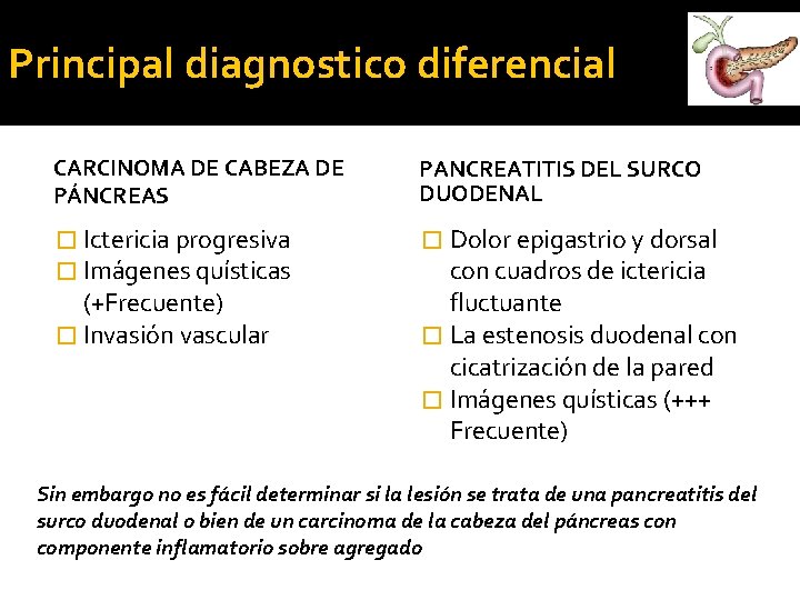 Principal diagnostico diferencial CARCINOMA DE CABEZA DE PÁNCREAS PANCREATITIS DEL SURCO DUODENAL � Ictericia Principal diagnostico diferencial CARCINOMA DE CABEZA DE PÁNCREAS PANCREATITIS DEL SURCO DUODENAL � Ictericia