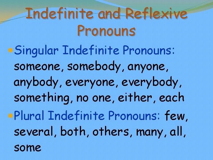 Indefinite and Reflexive Pronouns Singular Indefinite Pronouns: someone, somebody, anyone, anybody, everyone, everybody, something,