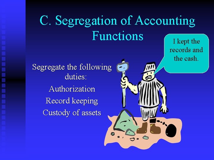 C. Segregation of Accounting Functions I kept the Segregate the following duties: Authorization Record