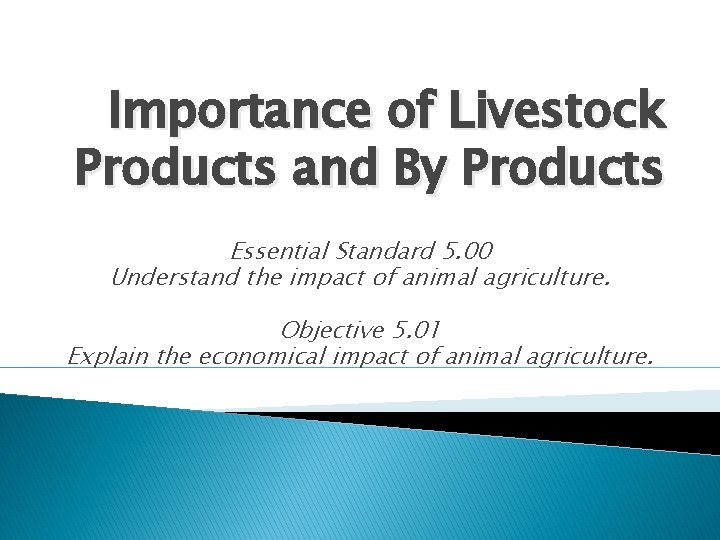 Importance of Livestock Products and By Products Essential Standard 5. 00 Understand the impact