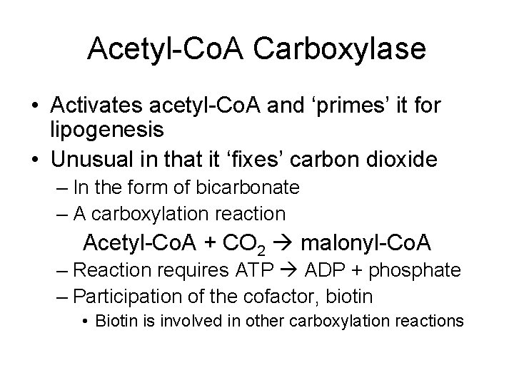 Acetyl-Co. A Carboxylase • Activates acetyl-Co. A and ‘primes’ it for lipogenesis • Unusual