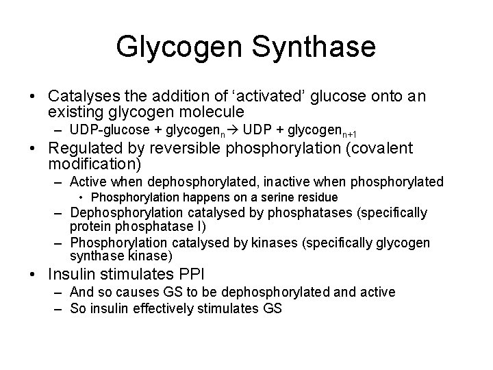 Glycogen Synthase • Catalyses the addition of ‘activated’ glucose onto an existing glycogen molecule