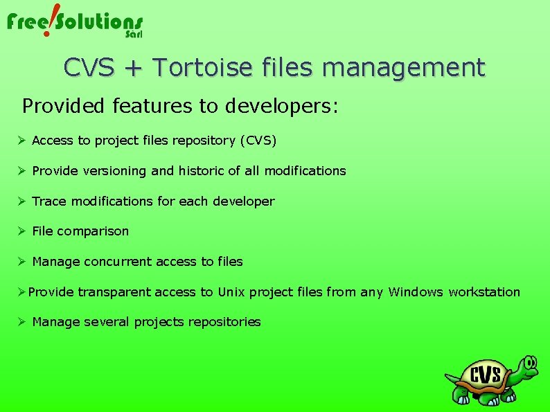 CVS + Tortoise files management Provided features to developers: Access to project files repository