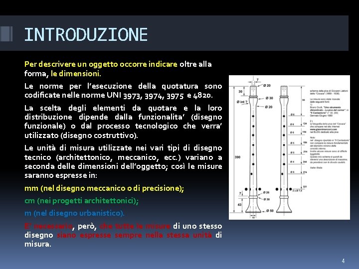 INTRODUZIONE Per descrivere un oggetto occorre indicare oltre alla forma, le dimensioni. Le norme