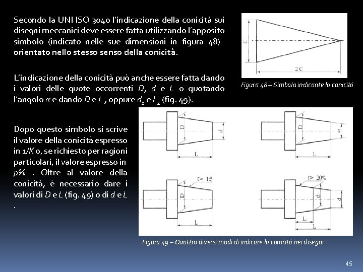 Secondo la UNI ISO 3040 l’indicazione della conicità sui disegni meccanici deve essere fatta