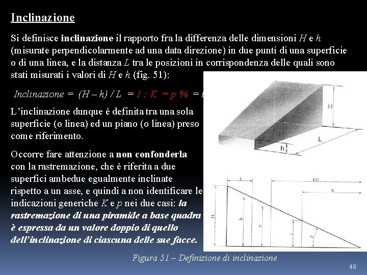 Inclinazione Si definisce inclinazione il rapporto fra la differenza delle dimensioni H e h