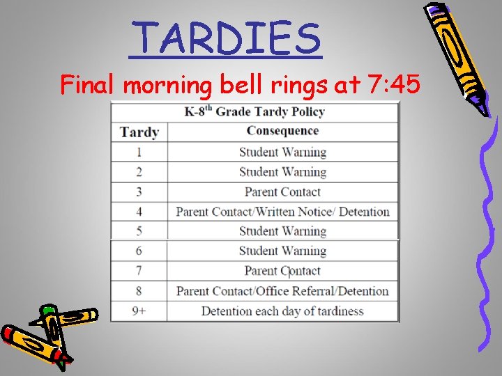 TARDIES Final morning bell rings at 7: 45 