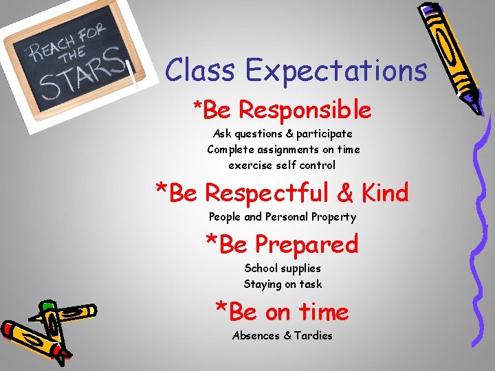 Class Expectations *Be Responsible Ask questions & participate Complete assignments on time exercise self