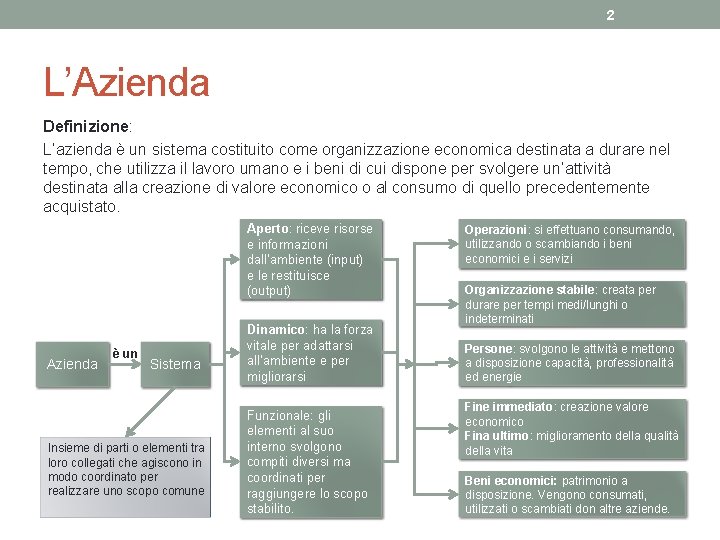 2 L’Azienda Definizione: L’azienda è un sistema costituito come organizzazione economica destinata a durare