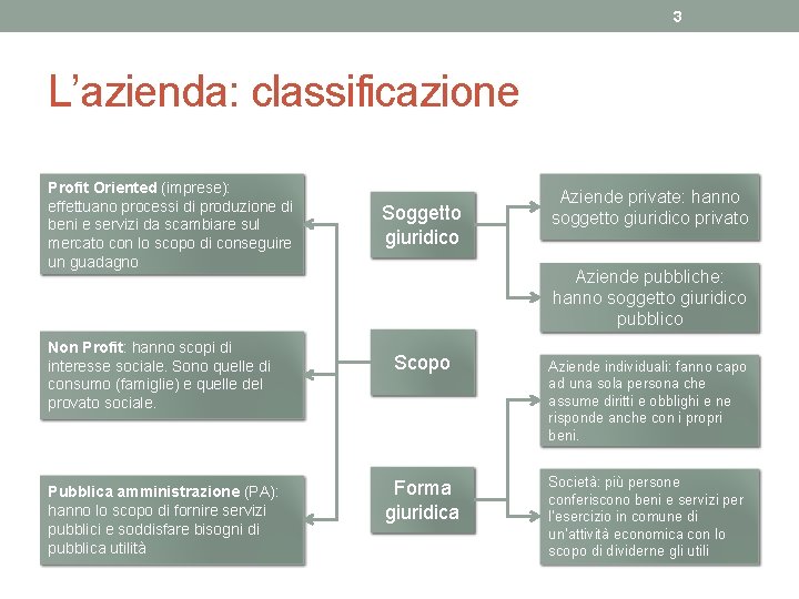 3 L’azienda: classificazione Profit Oriented (imprese): effettuano processi di produzione di beni e servizi