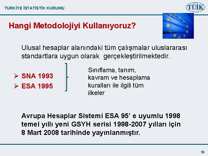 TÜRKİYE İSTATİSTİK KURUMU Hangi Metodolojiyi Kullanıyoruz? Ulusal hesaplar alanındaki tüm çalışmalar uluslararası standartlara uygun