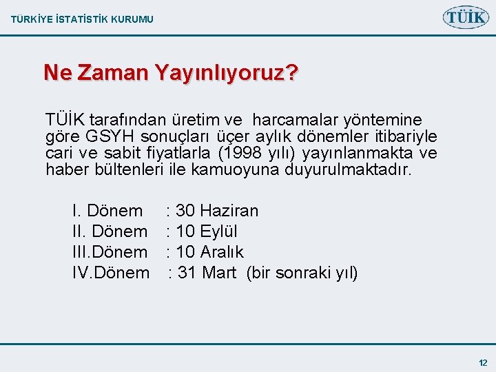 TÜRKİYE İSTATİSTİK KURUMU Ne Zaman Yayınlıyoruz? TÜİK tarafından üretim ve harcamalar yöntemine göre GSYH