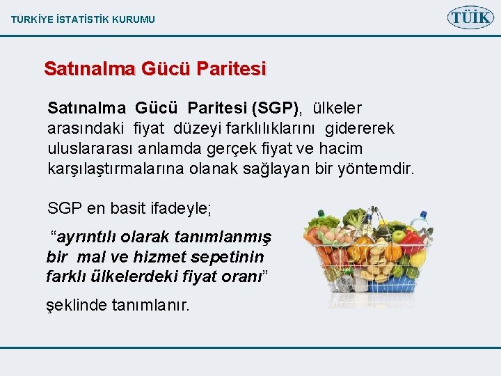 TÜRKİYE İSTATİSTİK KURUMU Satınalma Gücü Paritesi (SGP), ülkeler arasındaki fiyat düzeyi farklılıklarını gidererek uluslararası