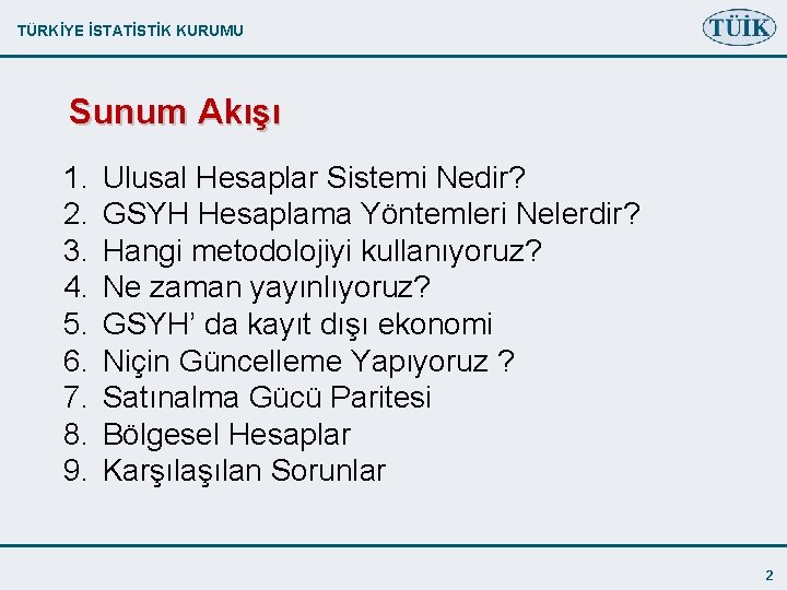 TÜRKİYE İSTATİSTİK KURUMU Sunum Akışı 1. 2. 3. 4. 5. 6. 7. 8. 9.