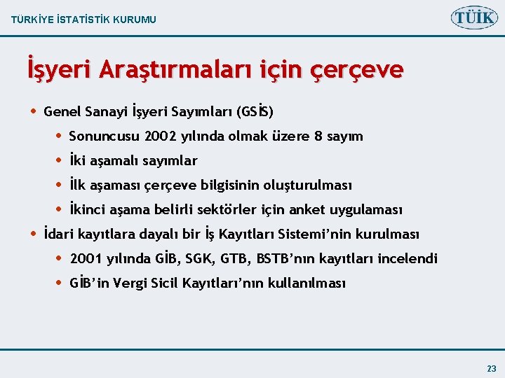 TÜRKİYE İSTATİSTİK KURUMU İşyeri Araştırmaları için çerçeve • Genel Sanayi İşyeri Sayımları (GSİS) •