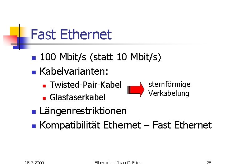 Fast Ethernet n n 100 Mbit/s (statt 10 Mbit/s) Kabelvarianten: n n Twisted-Pair-Kabel Glasfaserkabel Fast Ethernet n n 100 Mbit/s (statt 10 Mbit/s) Kabelvarianten: n n Twisted-Pair-Kabel Glasfaserkabel