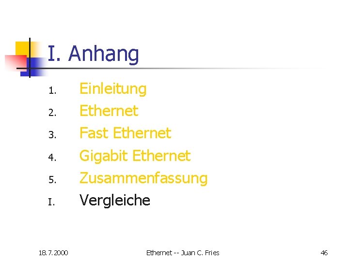 I. Anhang 1. 2. 3. 4. 5. I. 18. 7. 2000 Einleitung Ethernet Fast I. Anhang 1. 2. 3. 4. 5. I. 18. 7. 2000 Einleitung Ethernet Fast