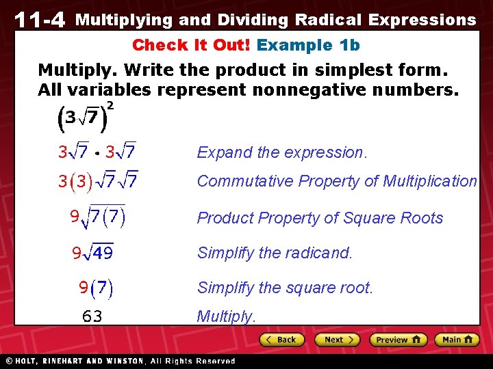 11 -4 Multiplying and Dividing Radical Expressions Check It Out! Example 1 b Multiply.