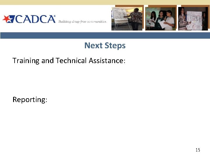 Next Steps Training and Technical Assistance: Reporting: 15 