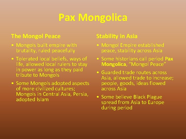 Pax Mongolica The Mongol Peace Stability in Asia • Mongols built empire with brutality,