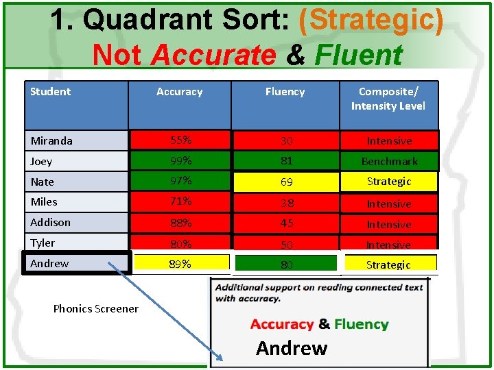 1. Quadrant Sort: (Strategic) Not Accurate & Fluent Student Accuracy Fluency Composite/ Intensity Level