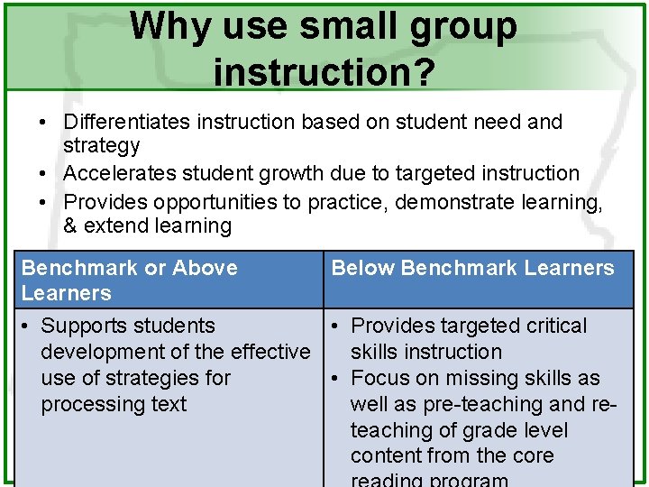 Why use small group instruction? • Differentiates instruction based on student need and strategy
