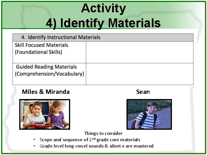 Activity 4) Identify Materials Miles & Miranda Sean Things to consider • Scope and