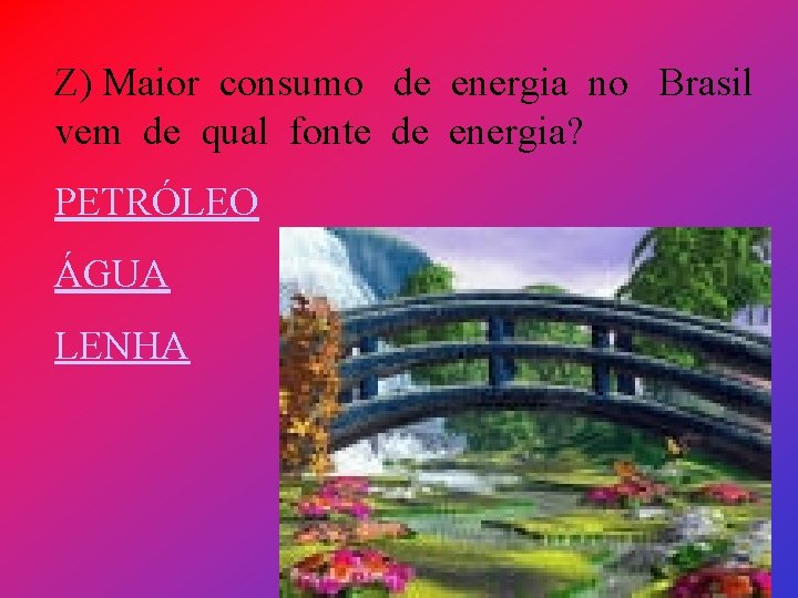 Z) Maior consumo de energia no Brasil vem de qual fonte de energia? PETRÓLEO