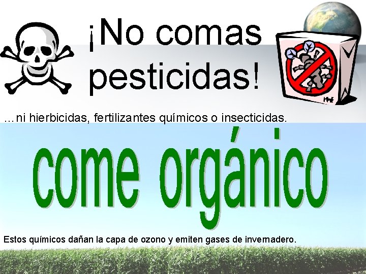 ¡No comas pesticidas! …ni hierbicidas, fertilizantes químicos o insecticidas. Estos químicos dañan la capa