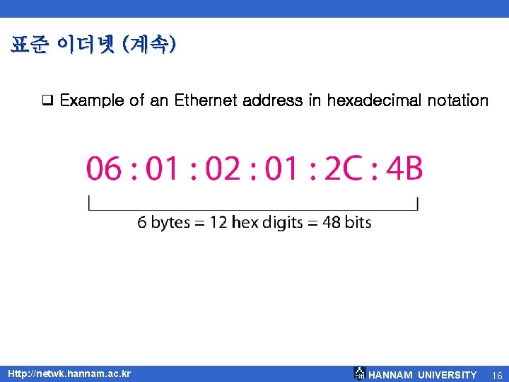 표준 이더넷 (계속) q Example of an Ethernet address in hexadecimal notation Http: //netwk.