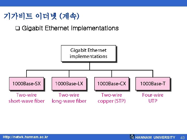 기가비트 이더넷 (계속) q Gigabit Ethernet implementations Http: //netwk. hannam. ac. kr HANNAM UNIVERSITY