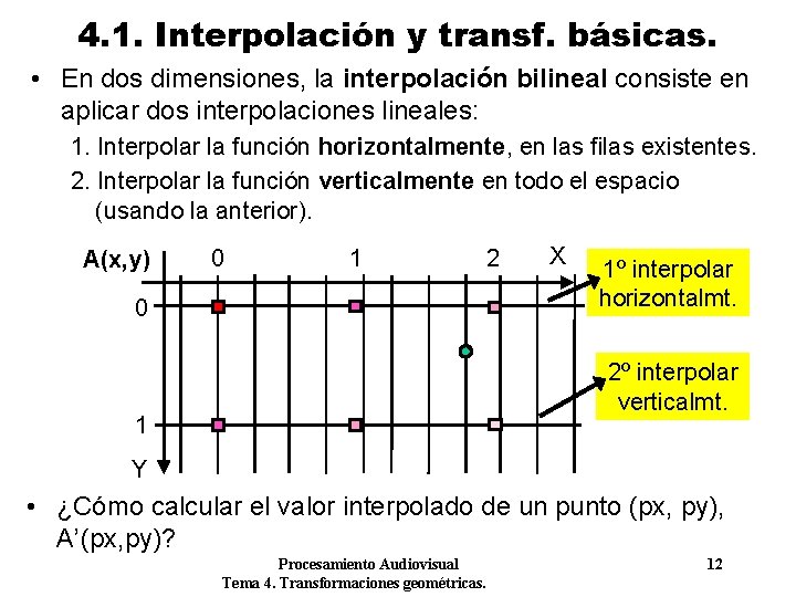 4. 1. Interpolación y transf. básicas. • En dos dimensiones, la interpolación bilineal consiste 4. 1. Interpolación y transf. básicas. • En dos dimensiones, la interpolación bilineal consiste