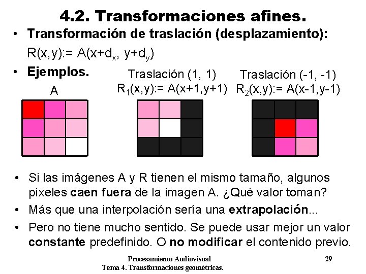 4. 2. Transformaciones afines. • Transformación de traslación (desplazamiento): R(x, y): = A(x+dx, y+dy) 4. 2. Transformaciones afines. • Transformación de traslación (desplazamiento): R(x, y): = A(x+dx, y+dy)
